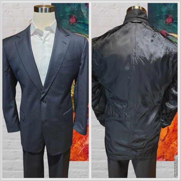 Vintage Burberry Suit 43L 36x32 Slate Blue Plaid Super 100s Designer Luxury - Picture 8 of 16